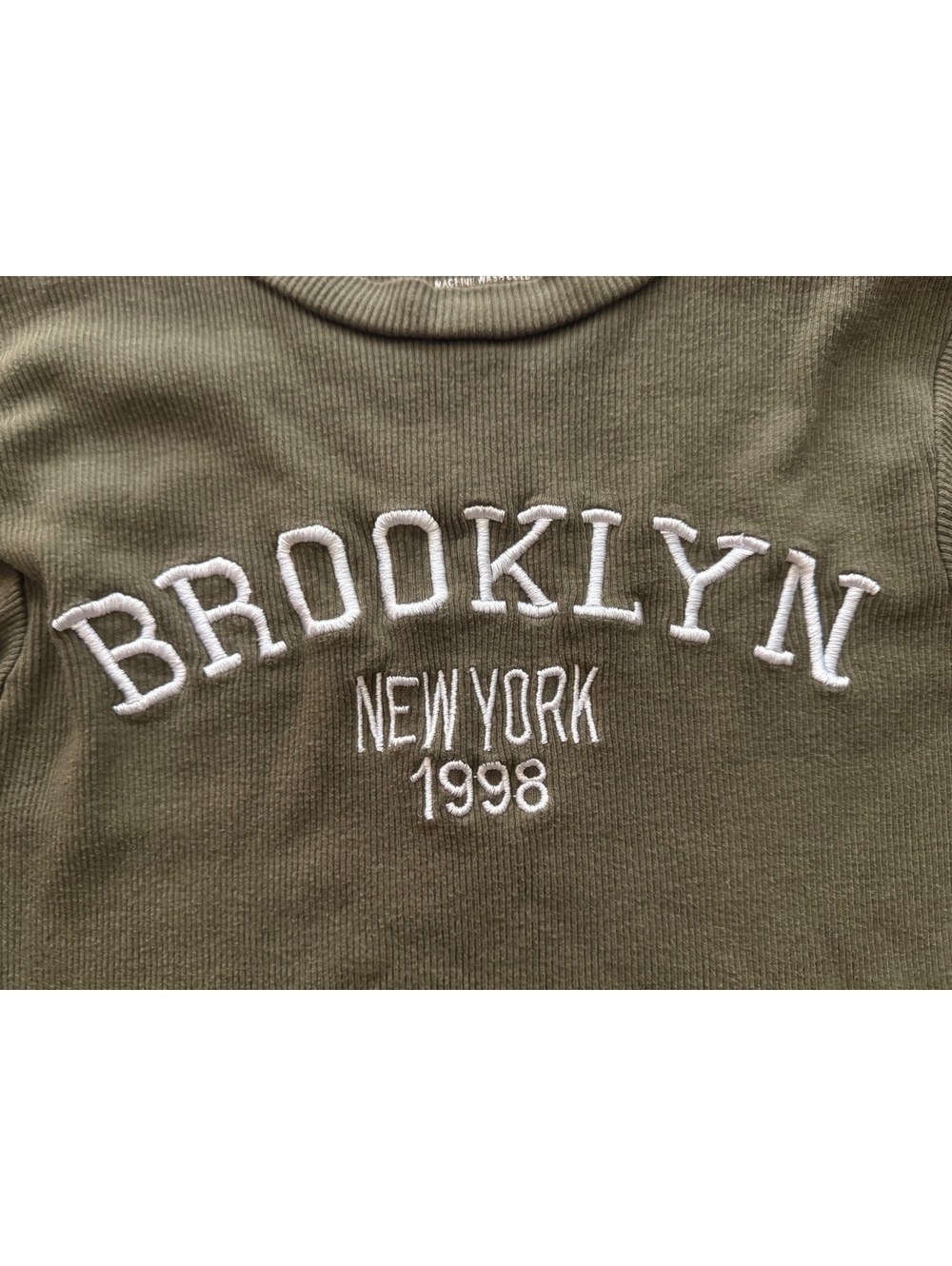 On Fire Olive Green Ribbed Long Sleeve Top with Brooklyn New York Embroidery